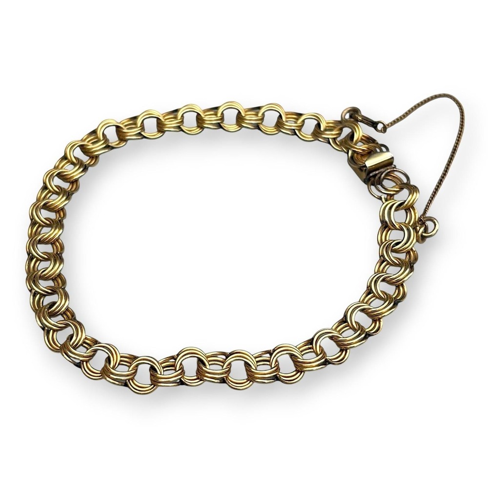 Vintage Krement Charm Braceket Gold Tone 7.75 in Circle Links Safety Chain Empty